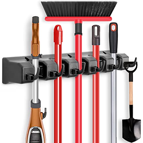 IMILLET Mop and Broom Holder, Wall Mount Organizer Storage Tool Rack | Broom and Mop Organizer Wall Hanging for Garage, Laundry Room, Garden, Utility, 5 Ball Slots and 6 Hooks(Black) - color: 1 Pack