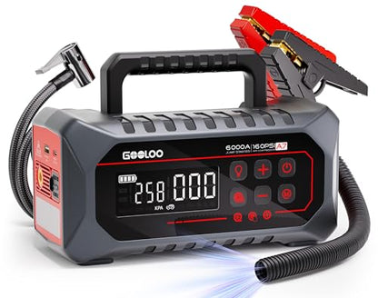 GOOLOO A7 Jump Starter with Air Compressor, 6000A &160PSI 12V Car Battery Jumper Starter Portable Booster Pack, Supersafe Jump Box (All Gas & 10L Disel) with Tire Inflator & Air Pump(Inflate& Deflate)