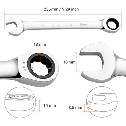 Jetech 18mm Ratchet Wrench, Ratcheting Combination Wrench Metric, Industrial Grade Gear Spanner with 12-Point Design, 72-Tooth Ratchet, Chrome Vanadium Steel for Auto & DIY Repair - size: 18mm