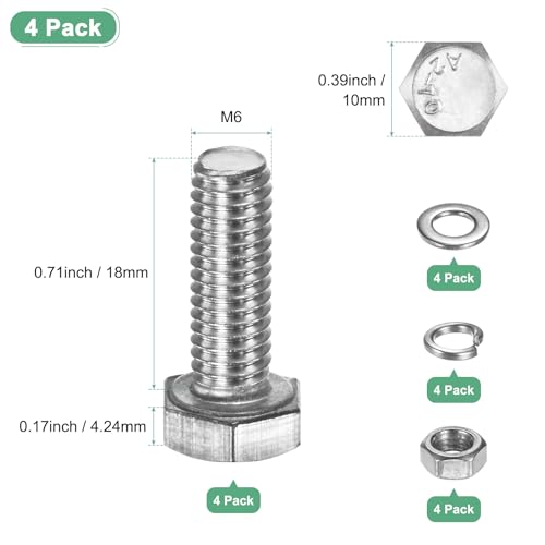 M METERXITY 4-Pack Hex Head Screw Bolt with Nuts Flat & Lock Washers M6x18mm Stainless Steel Bolts and Nuts Kit Fully Threaded Metric Bolt Assortment for Equipment/Machinery - size: M6 x 18mm