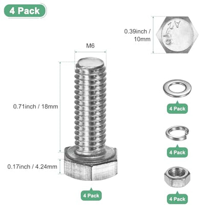 M METERXITY 4-Pack Hex Head Screw Bolt with Nuts Flat & Lock Washers M6x18mm Stainless Steel Bolts and Nuts Kit Fully Threaded Metric Bolt Assortment for Equipment/Machinery - size: M6 x 18mm