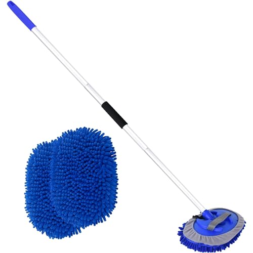 62" Car Wash Brush with Long Handle and Car Wash Brush Microfiber Car Cleaning Brush Kit for Car RV Truck Cleaning 1 Chenille Scratch-Free Replacement Head with Aluminum Alloy Pole (Blue) - color: Blue