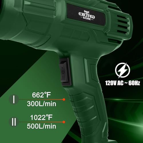 Excited Work 1500W Heat Gun, Fast Heat Hot Air Gun Kit with 662℉ & 1022℉ Dual-Temperature Settings, 4 Nozzles for Shrink Wrapping, Stripping Paint, Resin, Crafts