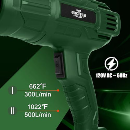 Excited Work 1500W Heat Gun, Fast Heat Hot Air Gun Kit with 662℉ & 1022℉ Dual-Temperature Settings, 4 Nozzles for Shrink Wrapping, Stripping Paint, Resin, Crafts