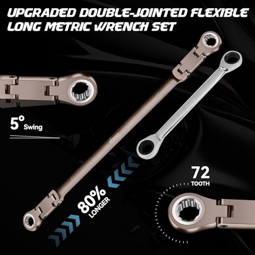 DISEN Upgraded Double Jointed Extra Long Flex Head Ratchet Wrench Set, 6 PCS Metric 8-19mm Box End Ratcheting Wrench set with Magnetic Pickup Tool, 72-Teeth, Cr-V Steel,12 Point, Grey Nickel - size: Double Jointed Set (Black Nickel)
