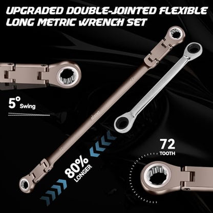 DISEN Upgraded Double Jointed Extra Long Flex Head Ratchet Wrench Set, 6 PCS Metric 8-19mm Box End Ratcheting Wrench set with Magnetic Pickup Tool, 72-Teeth, Cr-V Steel,12 Point, Grey Nickel - size: Double Jointed Set (Black Nickel)