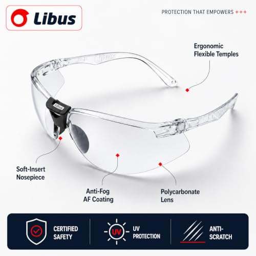 LIBUS Safety Glasses, Clear Anti-fog & Scratch, ANSI Z87.1, UV Protection, Front/Side Spark & Dust Shield, Polycarbonate Lens - size: Pack of 1