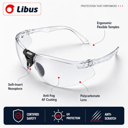 LIBUS Safety Glasses, Clear Anti-fog & Scratch, ANSI Z87.1, UV Protection, Front/Side Spark & Dust Shield, Polycarbonate Lens - size: Pack of 10