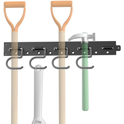 TORACK Plastic Wall Mounted Mop and Broom Holder, Garden Tools Organizer for Garage Wall, Yard Tool Storage Rack for Rakes, Shovels, Mops, Brooms (4 Tracks, 16 Hooks)