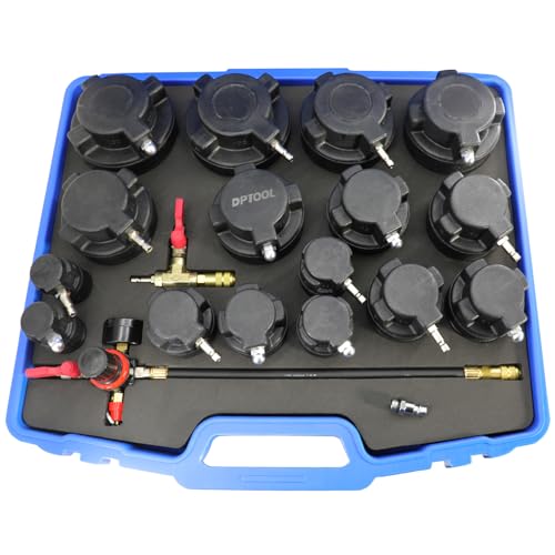 DPTOOL Turbo System Leakage Tester Kit 19Pcs Turbo Boost Leak Tester Turbocharger Air Pressure Guage Cooling System Intercoolers Radiators Hose Leaks Test with 16 Stepped Adapters 1-1/4'' to 4-1/4''