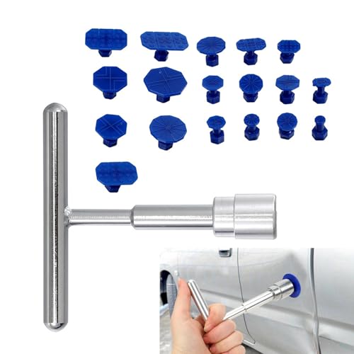 Car Dent Puller Tool, T-Shaped Puller Handle Lifter + 18 Suction Cups of Different Spec, Car Repair Accessory (Blue & Silver)