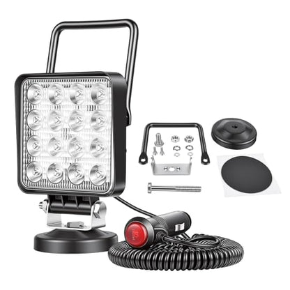 SKYWORLD Magnetic Mount LED Work Light, 2PCS 4 Inch 48W Square Spot Off Road Driving Fog Lamp 12V 24V with Portable Magnetic Base Holder for Truck Tractor Trailer Car Boat Engineering Vehicle - size: 2Pcs 4 Inch 48W Spot