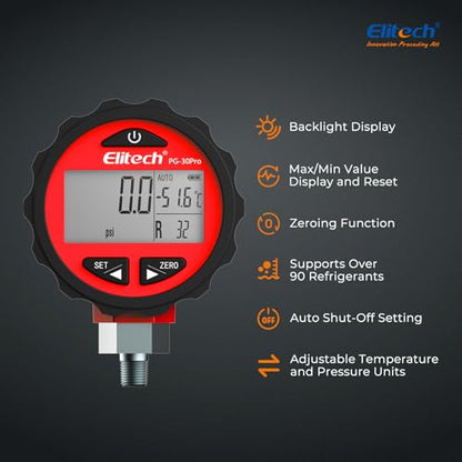 Elitech PG-30Pro Refrigeration HVAC Digital High Pressure Gauge 87 Refrigerants-14.5-800 PSI 1/8'' NPT - size: -14.5-800 PSI, style: 1/8'' NPT