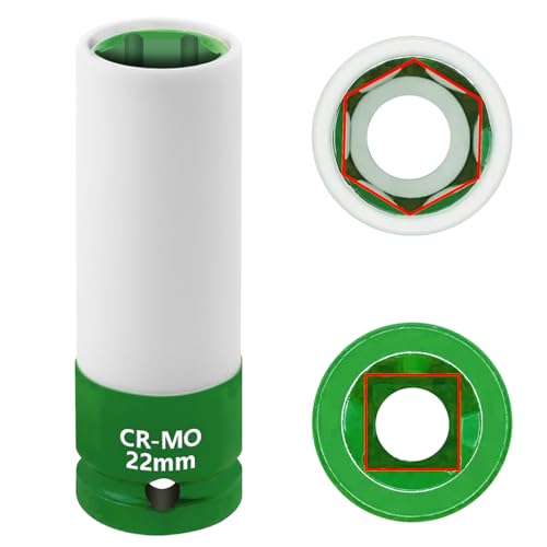 22mm 1/2"Drive Wheel Protector Impact Socket, Lug Nut Impact Socket | 6 Point, Non-Marring, Thin Wall, Deep Socket, Wheel Protector, Protective Socket, Color-Coded, Cr-Mo Steel, Hand Repair Tool - size: 22MM