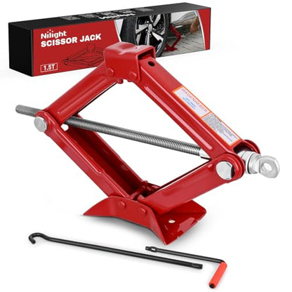 Nilight Scissor Jack for Car 1.5 Ton (3307 lbs), Heavy Duty Steel Scissor Lift Jack Car Kit with Crank Handle for Sedan SUV MPV Tire Changing, 3.18''-13.6'' Lifting Range Portable Small Jack, Red - size: 1.5T with Crank Handle, Red