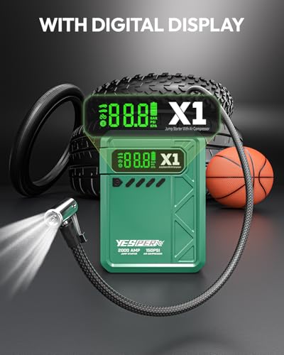 YESPER Jump Starter with Air Compressor 2000A 150PSI Battery Jumper Starter Portable(8L Gas/6L Diesel), 12V Car Jump Pack Battery Charger Jump Box with Jumper Cables, LCD Display, Lights - color: Green