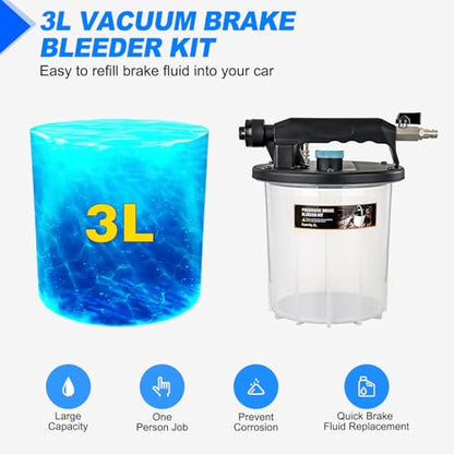 GOOACC Brake Bleeder Kit 3L Pneumatic Brake Bleeder Vacuum Pump One Person Brake Clutch Pressure Bleeder Flush Kit with 3L Fluid Extractor 1L Refilling Bottle 18PCS Adapters Brake System Bleeding Tool - size: 3L Pneumatic