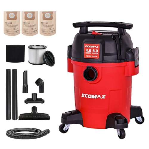 ECOMAX Ultra Quiet Shop Vacuum Wet and Dry 6 Gal 4 HP | 80% Less Noise, 3X Longer Motor Lifespan, Powerful Sunction, Portable Shop Vacuum Cleaner for Garage Workshop Jobsite