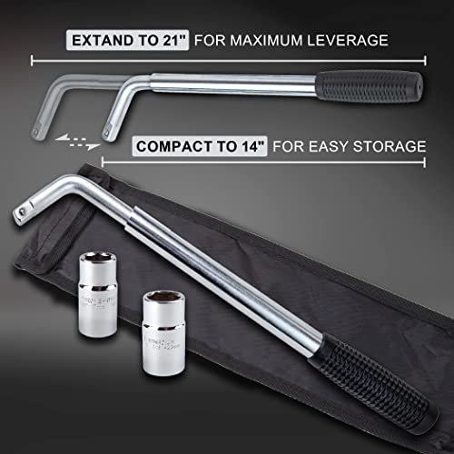 CARTMAN Telescoping Lug Wrench, Wheel Wrench with Standard CR-V Sockets 17/19, 21/22mm