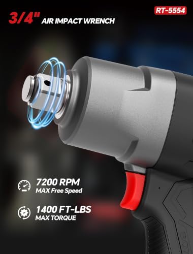 ROTAKE 3/4" Air Impact Wrench, 1400 ft-lbs, Twin Hammer, RT-5554 | 7200 RPM Speed, Heavy-Duty Aluminum Hammer Case, 5.34-lb Composite Body, 3-Speed Control, Light Trucks & Farm Equipment - size: 3/4" (1400 ft-lbs)RT-5554