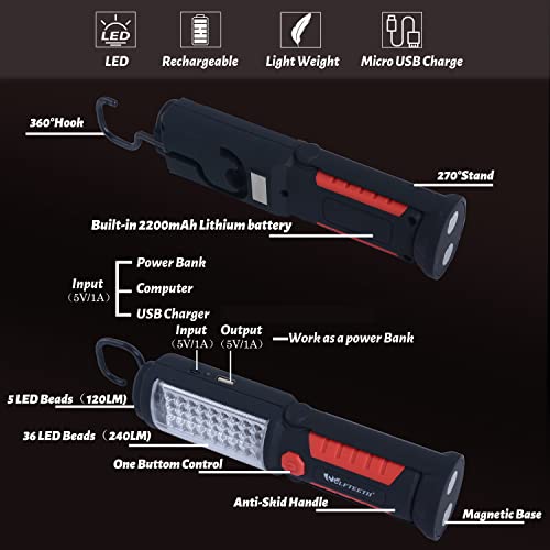 Wolfteeth Rechargeable Magnetic LED Work Light for Mechanics - 360° Rotating Underhood Flashlight with Magnetic Base, Portable Worklight for Auto Repair/Camping/Outdoor Emergencies