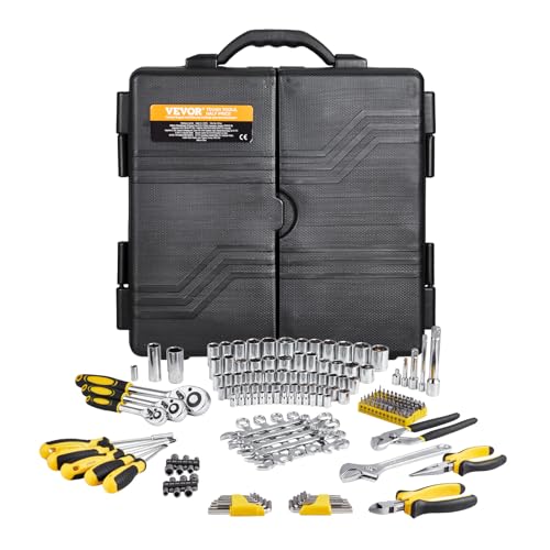 VEVOR Mechanics Tool Set 207 Pieces 1/4" 3/8" 1/2" Drive Sockets -SAE and Metric Mechanic Tool Kit with Bits - Wrenches, Ratchet Handle, Accessories, and Plastic Storage Case - for Automotive Repair - size: 1/4"&3/8"&1/2", style: 207 PCS