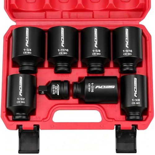 SAE Deep Impact Socket Set 8-Piece 1/2-inch Drive Wheel Axle Nut Wrench Large Sockets Standard Adapter 1-11/16 1-9/16 1-3/8 1-7/16 1-1/2 1-5/8 1-3/4 Imperial Spindle Joint Torque Bearing Locknut Truck - style: 1/2" | 8-Piece SAE Jumbo