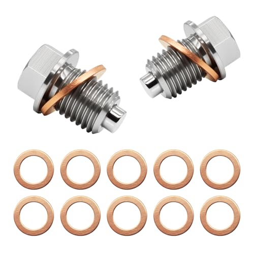 2PCS M14x1.5 Magnetic Engine Oil Drain Plug,Oil Drain Stainless Steel Nut Bolt with High-Temperature Neodymium Magnet,& 10PCS Copper Crush Washers Anti Leakage,for Most Cars,Motorcycles,Boats - size: 2PCS M14 x 1.5 drain plug & 10PCS Copper washers