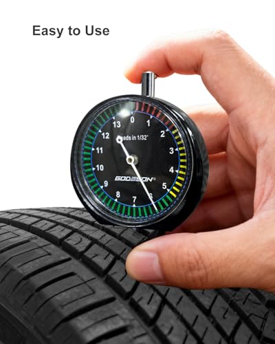 GODESON Tire Tread Depth Gauge - Analog Dial with Color-Coded (Red/Yellow/Green) for Accurate Tire Wear Measurement, 32NDS, Metal Build, Fit for Cars, Trucks & DIY (Includes Protective Pouch) - color: Black