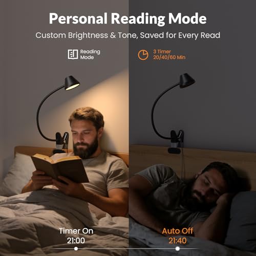 LEPOWER Clip on Light, Reading Lights for Books in Bed, 400LM, RG0 Eye-Care | 5 Colors & Stepless Dimming, Amber Glow Light & Auto Timer, Up to 2.3" Strong Clamp with Adapter for Headboard, Bedside, Desk - color: Black