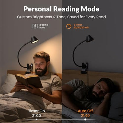 LEPOWER Clip on Light, Reading Lights for Books in Bed, 400LM, RG0 Eye-Care | 5 Colors & Stepless Dimming, Amber Glow Light & Auto Timer, Up to 2.3" Strong Clamp with Adapter for Headboard, Bedside, Desk - color: Black