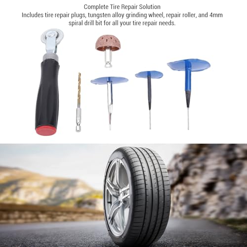 RiToEasysports Tire Repair Patch Tool Kit, ABS Metal Mushroom Plug Tire Patch Set with 4mm Drill Bit Roller Buffing Wheel, 27pcs for Cars Trucks Bikes Scooters
