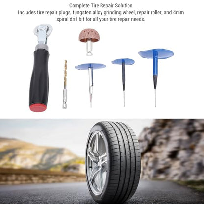 RiToEasysports Tire Repair Patch Tool Kit, ABS Metal Mushroom Plug Tire Patch Set with 4mm Drill Bit Roller Buffing Wheel, 27pcs for Cars Trucks Bikes Scooters