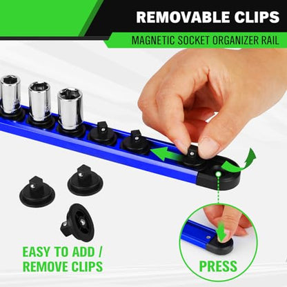1/4-inch Magnetic Socket Organizer Rail, Aluminum Alloy Socket Rail, Heavy Duty Sockets Holder with 14 Clips, 360° Swivel Clip Tool Tray, Sockets Organizer for Tool Box Drawer (Blue) - style: Blue 1/4-inch