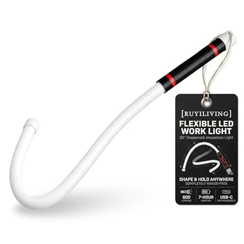 Flexible LED Work Light, 800 Lumens Rechargeable Gooseneck Flashlight, 30 Inch Bendable Hands-Free Tool Light that Holds Shape for Car Repair, Mechanics, Plumbers, Garage Workshop (1, No Gloves)
