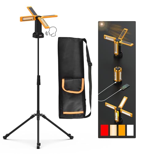iodoo Voice Control 13200mAh Rechargeable Solar Work Light with Folding Stand Support and Portable Carrying Bag, 8000 Lumen Stepless Dimmable, 4 Lighting Modes, White/Warm/Warm White (Voice Control) - size: Orange(Voice Control)