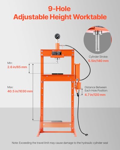 VEVOR Hydraulic Shop Press, 20 T H-Frame Pneumatic Shop Press with Press Plate, Stable Garage Floor Adjustable Hydraulic Press with Triangular Support, Fit for Bending, Straightening & Stamping - size: 20T