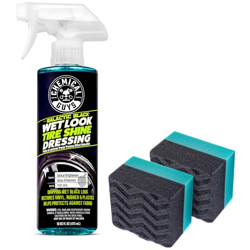 Chemical Guys Galactic Black Wet Look Tire Shine Dressing, 16 fl oz + Wonder Wave Durafoam Contoured Large Tire Dressing Applicator Pad, Pack of 2 - HOL457