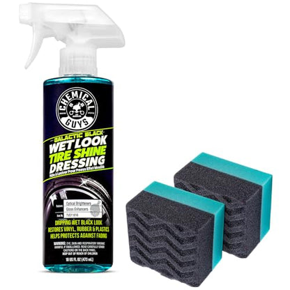 Chemical Guys Galactic Black Wet Look Tire Shine Dressing, 16 fl oz + Wonder Wave Durafoam Contoured Large Tire Dressing Applicator Pad, Pack of 2 - HOL457