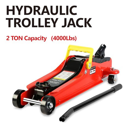 Red Hydraulic Trolley Service/2-Ton Floor Jack with 3T Jack Stands&Tire Repair Kit for Garages, Automotive, Heavy Duty Steel Racing Floor Jack with Single Piston Quick Lift Pump, Range 3.3"-15.2" - color: Red&Black-2T-Single Pump-1