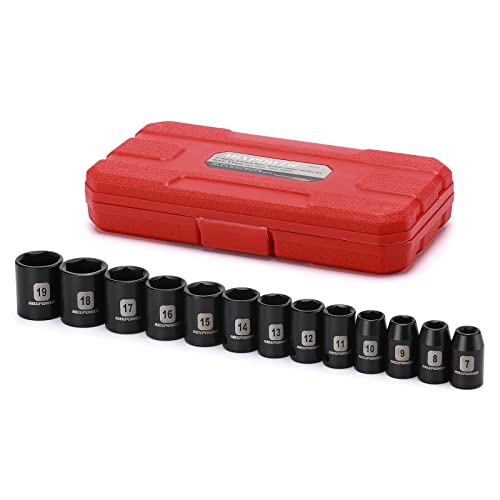 MIXPOWER 13 Pieces 3/8-Inch Drive Shallow Impact Socket Set, 7mm to 19mm, CR-V, Metric, 6 Point, Shallow, 13 Pieces 3/8" Dr. Socket - size: 9/32" - 3/4" (Shallow)