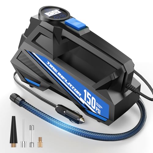 FLYKID Tire Inflator Portable Air Compressor- 12V DC Air Pump for Car Tires with 150PSI LCD Digital Gauge & Emergency LED Light,Auto Tire Pump for Cars,Motorcycles,Bikes,Balls - color: Blue