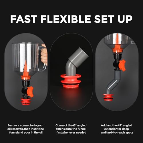 Spill-Proof Oil Funnel Kit 51oz - Master Engine Oil Change Funnel with Shut-Off Valve, 12-15 Adapters, Elbow Fitting, Arrow Screen Filter & Transparent Scale for All Cars Motorcycles