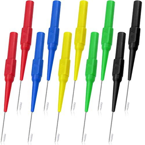 OIIKI 10Pcs 0.7mm Test Probe Pins, Stainless Steel Back Probe Pins, 5 Color | Non-Destructive Insulation Wire Piercing Needle, Super Tip Multimeter Probes for Banana Socket Plug, Car Tester - color: red, black, yellow, green, blue,10pcs