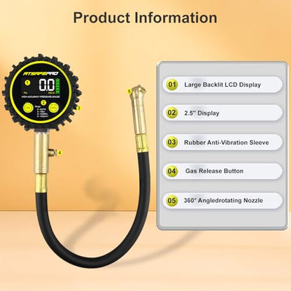 Atsafepro 200 PSI Digital Tire Pressure Gauge-2.5" LCD Display,Professional Air Pressure Gauge-4 Units Switch, 360° Swivel Head, Hold & Deflate Feature, Heavy-Duty Psi Gauges for Car, Motorcycle, Bike