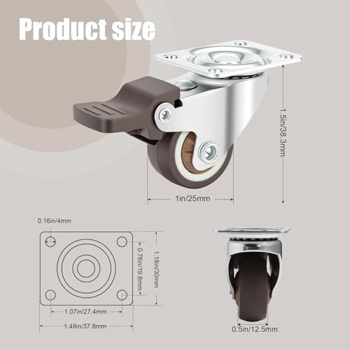Nefish 4 Pack 1" Small Caster Wheels for Furniture Low Profile Soft Rubber Casters Swivel Plate Castors Rolling Smooth, Load Capacity 100 Lbs for Set of 4 (2 with Brake and 2 Without) - style: 1 IN (4 Pack)
