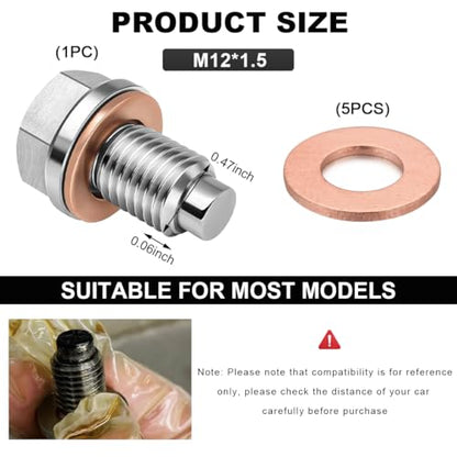 Wevdn Magnetic Oil Drain Plug, Aluminum M12×1.5 Sump Drain Nut Bolt with 5 PCS Copper Crush Washer, Universal Oil Drain Plug Replacement for Most Cars Motorcycles, Car Accessories - color: M12×1.5