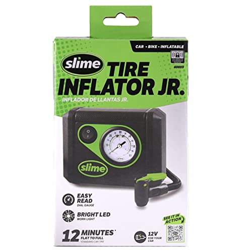 Slime 40059 Tire Inflator, Junior, Compact, Powerful, Portable Car Air Compressor, Lightweight, Analog, Flat Tire Repair, 12V, 12 min Inflation - style: Junior