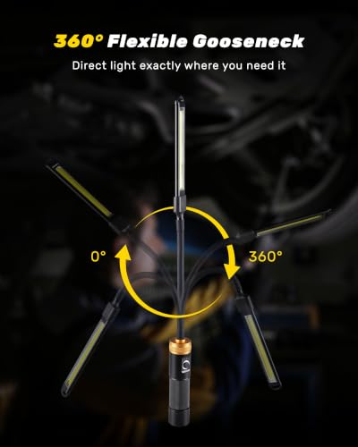 Magnetic Rechargeable LED Work Light, 360° Flexible Gooseneck Flashlight | 5000mAh Battery, Built-in Hook, Portable Mechanic Light for Auto Repair, Work Bench, Grill & Inspection