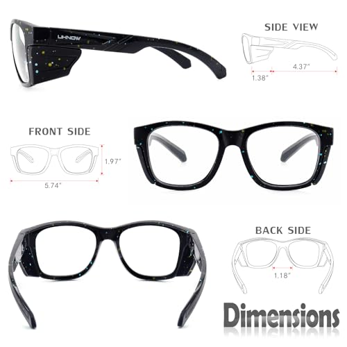 UKNOW Safety Glasses - Anti Fog Lenses - Eye Protection with Side Shields - ANSI Z87.1 Protective Eyewear - UV Protection - color: Black With Blue & Yellow Splatters